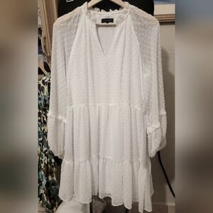 White Flowy Women's Dress With Textured Polka Dot Design - Med